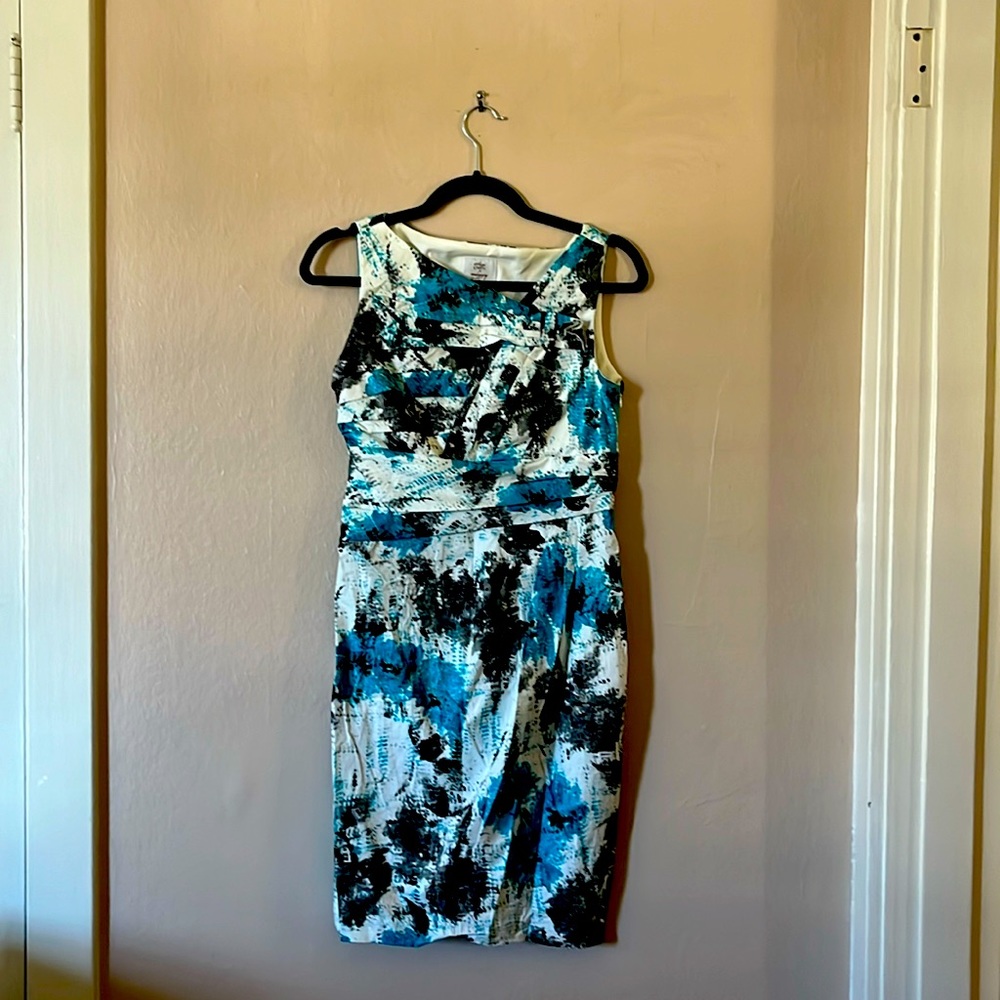 Suzi Chin for Maggy Boutique Blue Floral Pleated Sleeveless Sheath Dress 4P